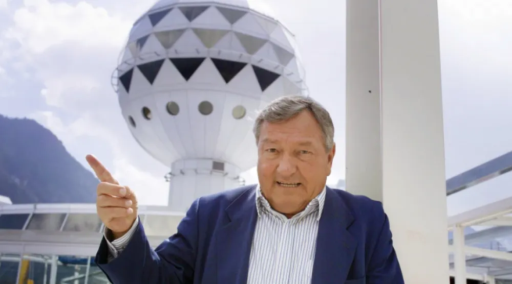 Erich von Daeniken, co-founder and co-owner of Mystery Park, poses in front of the Panorama Tower at Mystery Park in Interlaken, Wednesday, April 23, 2003. (Gaetan Ball)/Keystone via AP, File)


