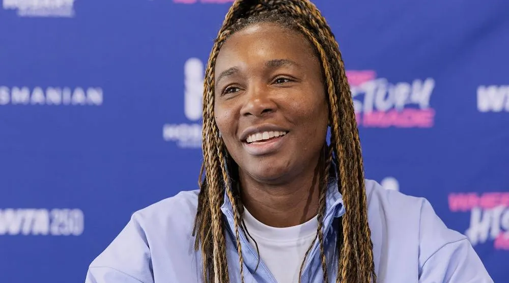 Venus Williams of the United States reacts during a press conference following her match against Tatjana Maria of Germany at the Hobart International tennis tournament in Hobart, Australia, Tuesday, Jan. 13, 2026. (Chris Kidd/AAP Image via AP)
