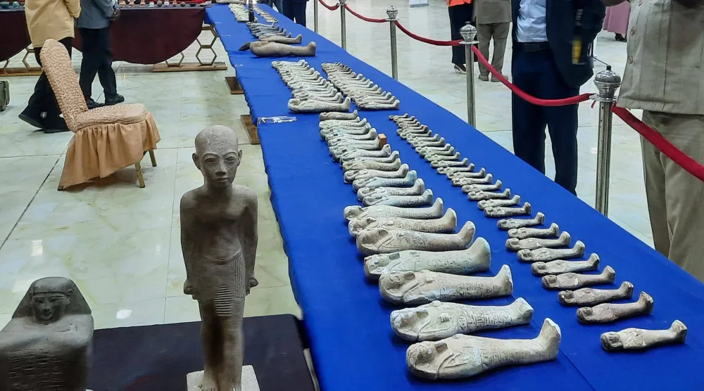 Artifacts that were recovered after being looted from the National Museum in Khartoum during the country's long-running war, are displayed during an official ceremony in Port Sudan on January 13, 2026. (AFP)