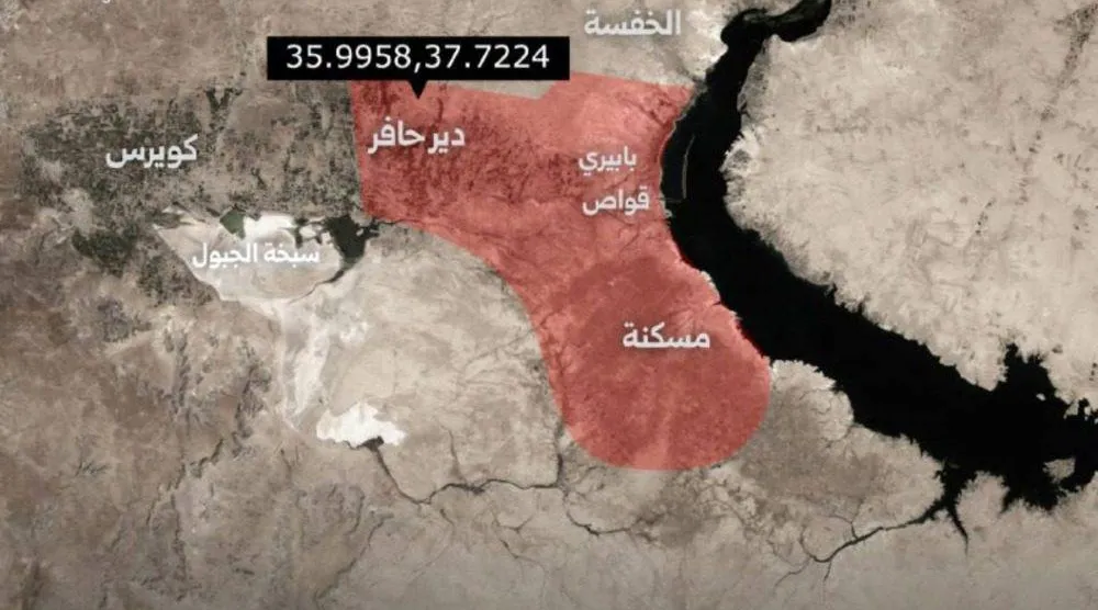 خريطة تظهر المنطقتين اللتين عدهما الجيش السوري عسكريتين في ريف حلب الشرقي