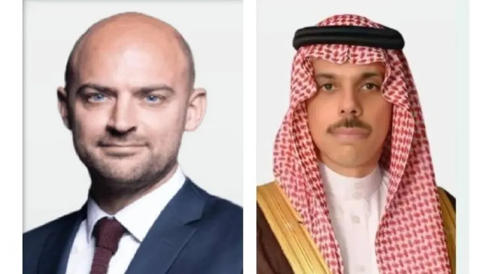 Saudi Minister of Foreign Affairs Prince Faisal bin Farhan bin Abdullah photo on the right, and French Minister for Europe and Foreign Affairs Jean-Noël Barrot photo on the left. 
