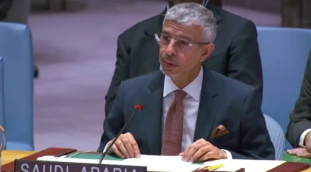 الدكتور عبد العزيز الواصل يتحدث خلال جلسة مجلس الأمن بشأن اليمن في نيويورك الأربعاء (البعثة السعودية)