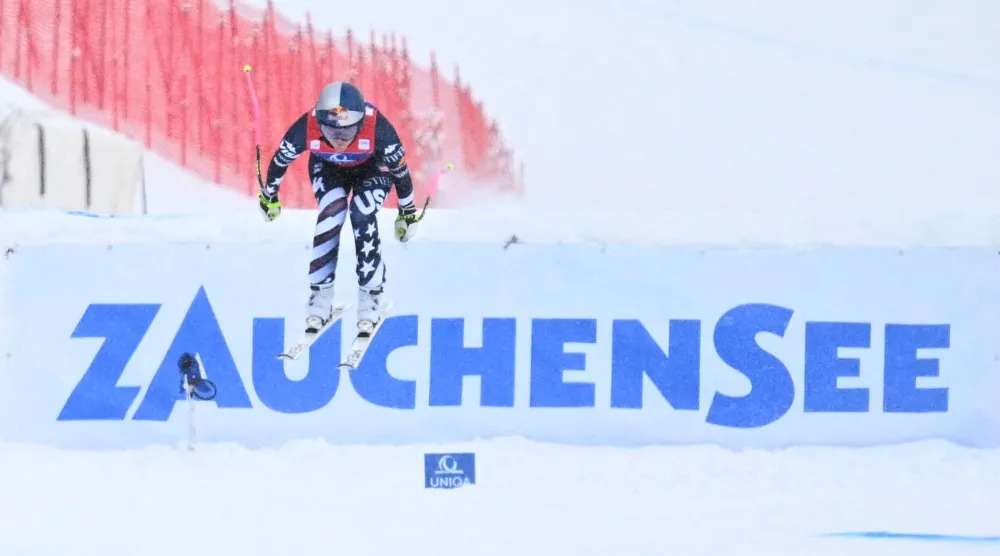  US' Lindsey Vonn crosses the finish line to win the Women's Downhill event of the FIS Alpine Ski World Cup in Altenmarkt Zauchensee, Austria, on January 10, 2026. (AFP)