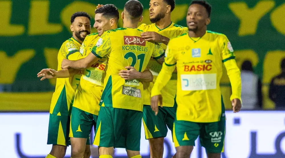 لاعبو الخليج وفرحة تكررت 4 مرات أمام الأخدود (تصوير: عيسى الدبيسي)