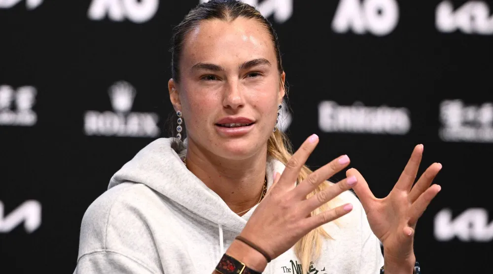 This handout picture released by Tennis Australia on January 16, 2026, shows Aryna Sabalenka of Belarus speaking at a press conference ahead of the 2026 Australian Open. (Photo by Vince Caligiuri / TENNIS AUSTRALIA / AFP)