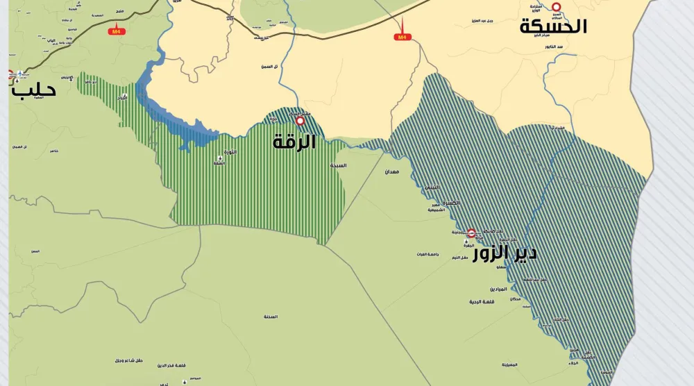 خريطة من مركز «جسور» توضح مناطق نفوذ «قسد» بعد عمليات الجيش السوري في شرق وشمال شرقي سوريا 