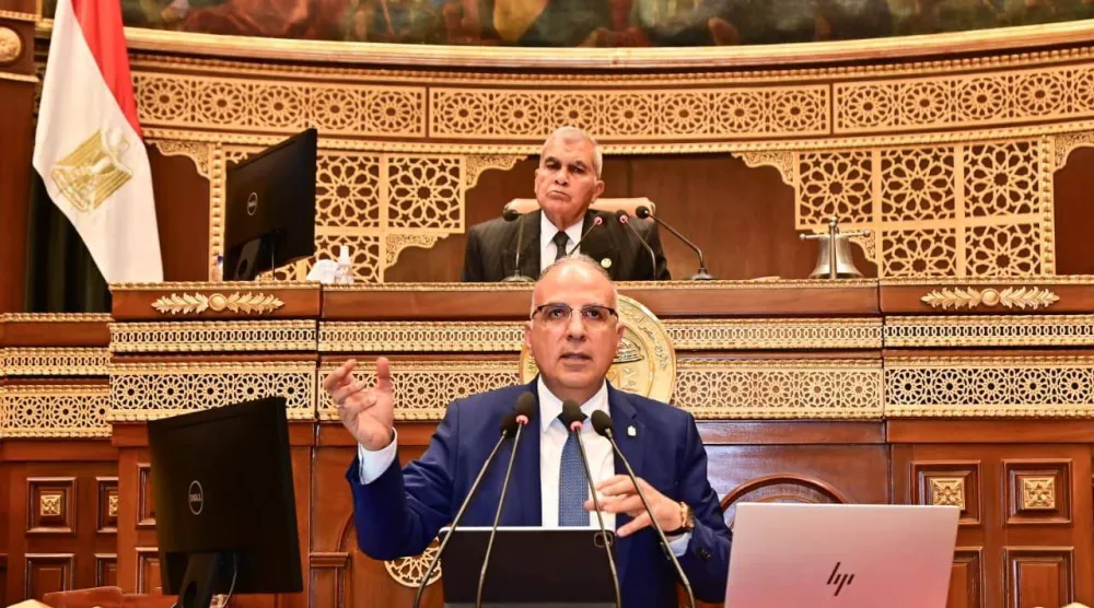 وزير الري المصري هاني سويلم خلال كلمته أمام مجلس الشيوخ يوم الأحد (وزارة الري المصرية)