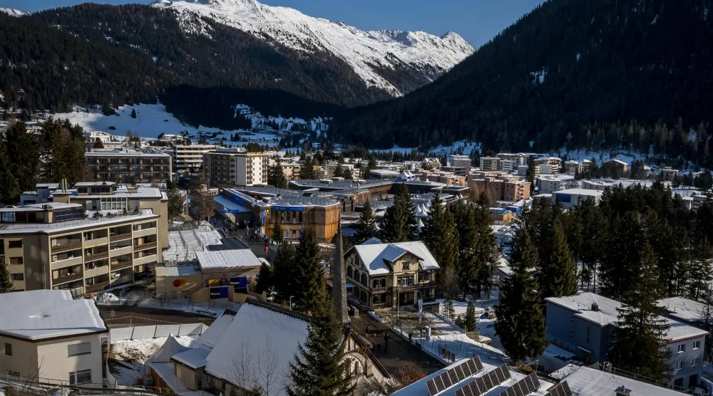 This photograph taken on January 18, 2026 shows a view of the Alpine resort of Davos with the Congress Center that will host the World Economic Forum (WEF) annual meeting. (Photo by Fabrice COFFRINI / AFP)