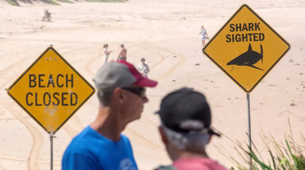 People stand next to warning signs in place, and beaches are closed after a surfer suffered a shark attack at Dee Why Beach in Sydney, Australia, January 19, 2026. REUTERS/Jeremy Piper