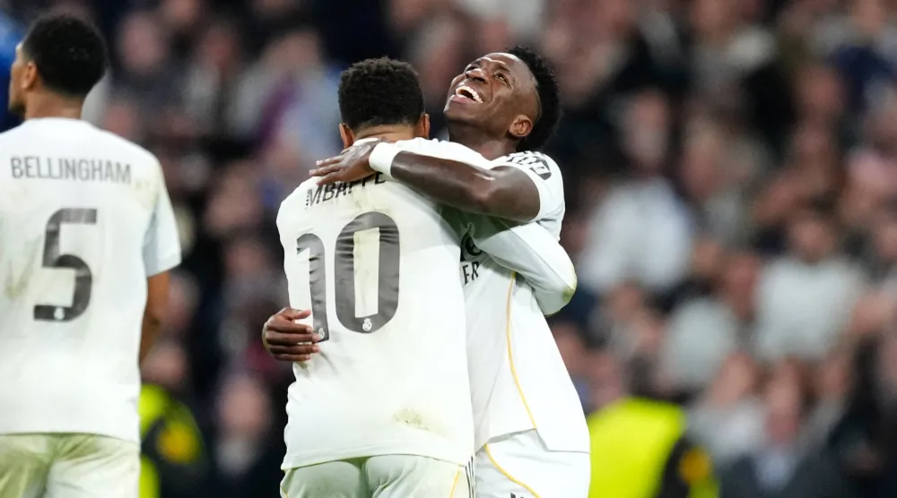 Real Madrid's Vinicius Junior celebrates his side's fifth goal during the Champions League opening phase soccer match between Real Madrid and Monaco in Madrid on Tuesday, Jan. 20, 2026. (AP)
