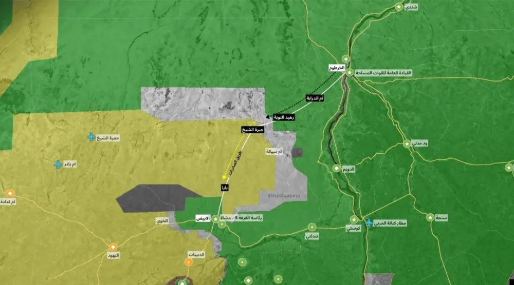 Hartum'u Batı Sudan'daki şehirlere bağlayan hayati öneme sahip "ihracat yolunu" gösteren bir harita