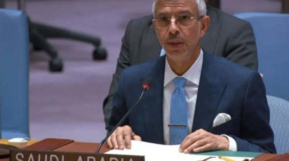 الدكتور عبد العزيز الواصل خلال إلقائه الكلمة أمام جلسة مجلس الأمن في نيويورك الخميس (بعثة السعودية لدى الأمم المتحدة)