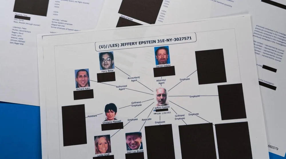 وثيقة ضمن ملفات قضية جيفري إبستين أفرجت عنها وزارة العدل الأميركية وتظهر صورته وبعض الأشخاص المقربين منه أو الذين تولوا شؤونه المالية (أ.ب)