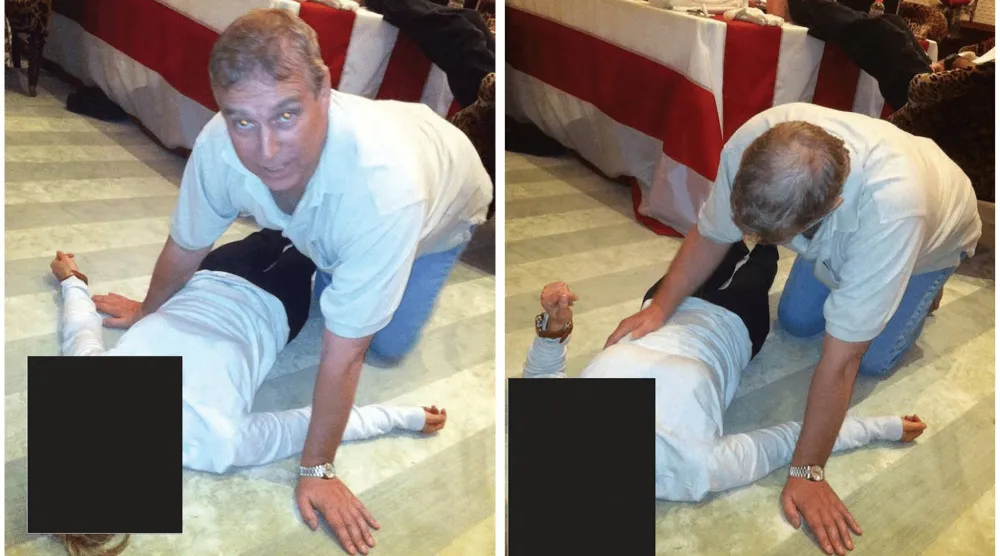 صورتان جديدتان تم الكشف عنهما في ملفات إبستين تظهران أندرو وهو زاحف على يديه وركبتيه ويلمس خصر امرأة مجهولة الهوية (رويترز)