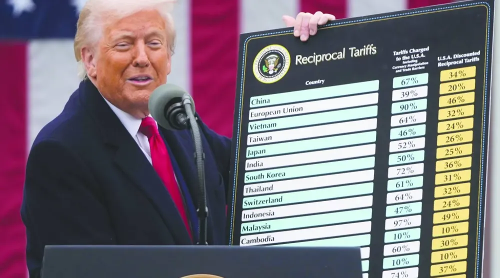 Trump, 2 Nisan 2025'te Beyaz Saray Gül Bahçesi'nde yeni gümrük tarifeleri listesini açıkladı (AP)