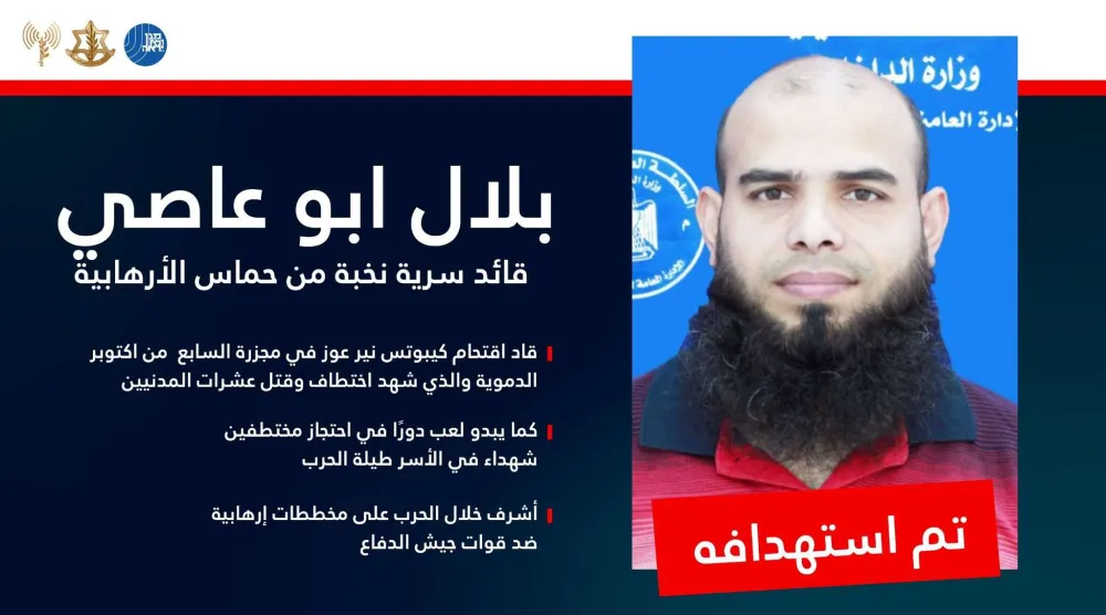 صورة نشرها الجيش الإسرائيلي لمن قال إنه قائد في فيلق النخبة التابع لحركة «حماس» بلال أبو عاصي استهدفه اليوم في قطاع غزة (صفحة المتحدّث باسم الجيش الإسرائيلي على إكس)
