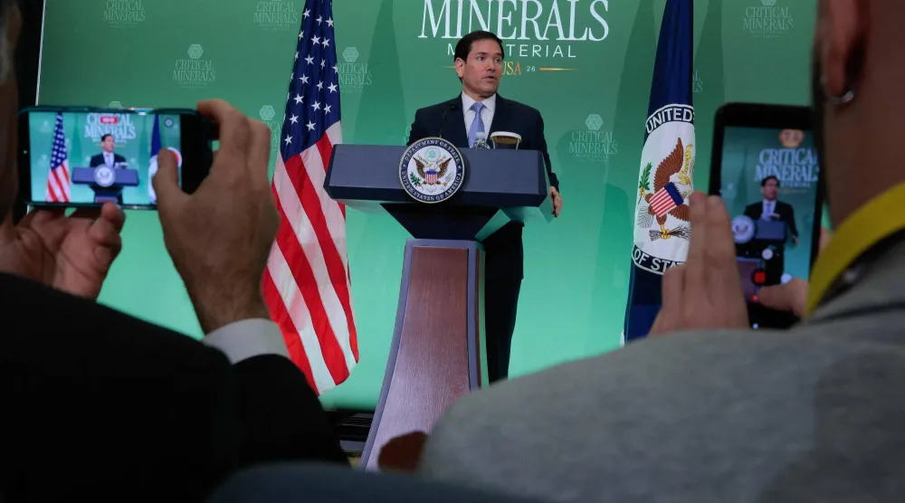 وزير الخارجية الأميركي ماركو روبيو خلال الإعلان عن التكتل التجاري للمعادن الحيوية في واشنطن (أ.ف.ب)