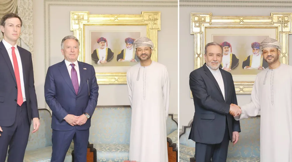 صورة مركبة لاستقبال وزير خارجية عُمان البوسعيدي نظيره الإيراني عراقجي (يمين) ثم لاستقباله المبعوث الأميركي ويتكوف وكوشنر قبل بدء المباحثات في مسقط أمس (إ.ب.أ)