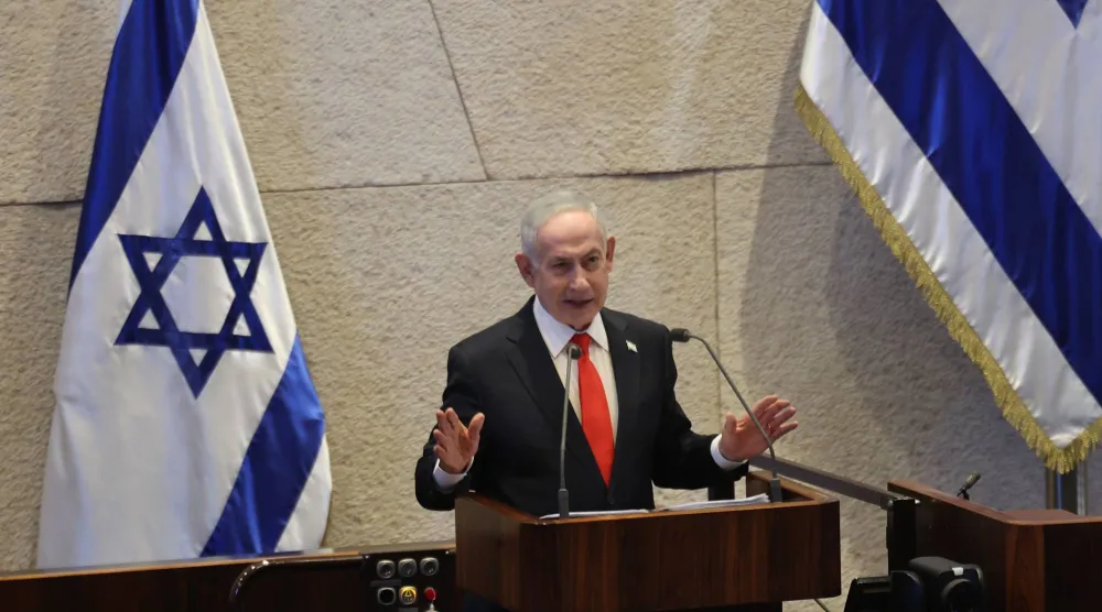 Israeli Prime Minister Benjamin Netanyahu delivers a speech during a special session to mark the 77th anniversary of the Knesset's establishment and the 60th anniversary of the dedication of the current building at the Knesset, the Israeli parliament, in Jerusalem, 02 February 2026. (EPA)