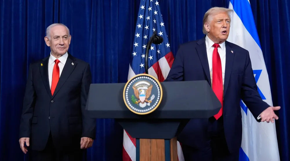 President Donald Trump answers a question from a reporter at the end of a news conference with Israel's Prime Minister Benjamin Netanyahu at Mar-a-Lago, Dec. 29, 2025, in Palm Beach, Fla. (AP)
