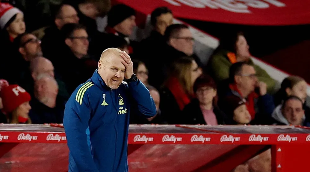 FILE PHOTO: Soccer Football - Premier League - Nottingham Forest v Wolverhampton Wanderers - The City Ground, Nottingham, Britain - February 11, 2026 Nottingham Forest manager Sean Dyche reacts Action Images via Reuters/Andrew Boyers