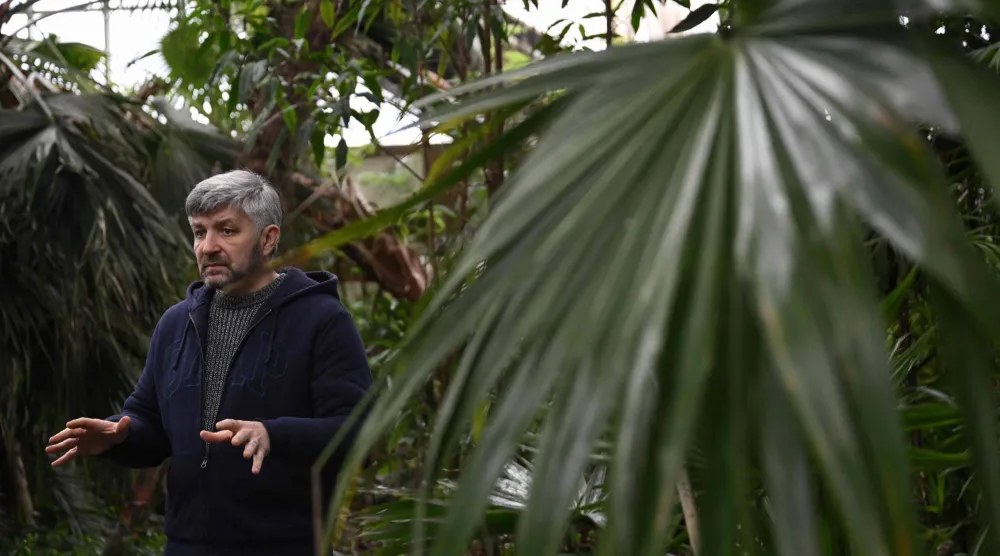 Doctor of Biological Sciences Roman Ivannikov, Head of the Department of Tropical and Subtropical Plants of the Gryshko National Botanical Garden of the National Academy of Sciences of Ukraine, speaks during an AFP interview in the garden's main greenhouse in Kyiv on February 11, 2026. (Photo by Genya SAVILOV / AFP)