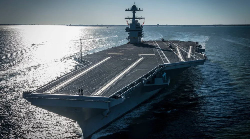 FILE - In this photo provided by the US Navy, the USS Gerald R. Ford embarked on the first of its sea trials to test various state-of-the-art systems on its own power for the first time, April 8, 2017, from Newport News, Va. (Mass Communication Specialist 2nd Class Ridge Leoni/US Navy via AP, File)