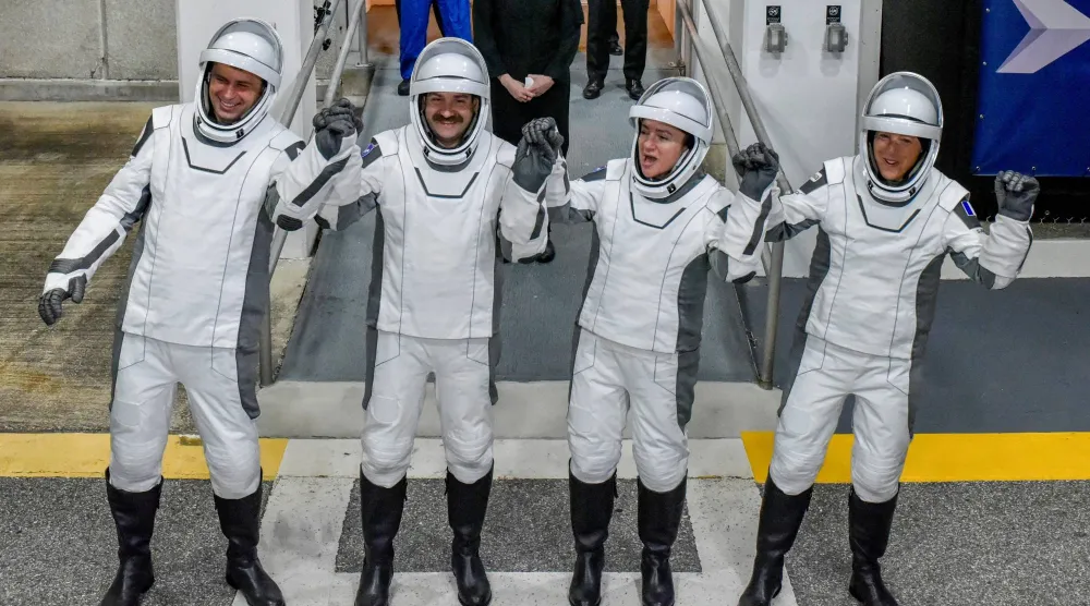NASA’s Crew-12 members, Russian cosmonaut Andrey Fedyaev, NASA astronauts Jack Hathaway, Jessica Meir, and ESA astronaut Sophie Adenot walk out of the Operations & Checkout Building at the Kennedy Space Center before transport to Launch Complex 40, ahead of their launch to the International Space Station, in Cape Canaveral, Florida, US, February 13, 2026. REUTERS/Steve Nesius