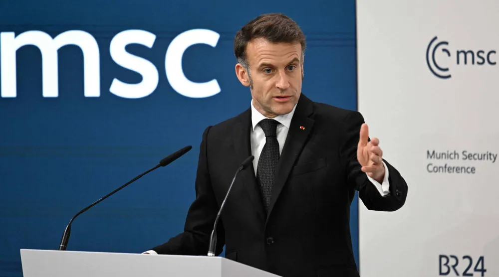 الرئيس الفرنسي إيمانويل ماكرون في مؤتمر ميونيخ الأمني ​​الثاني والستين (أ.ف.ب)
