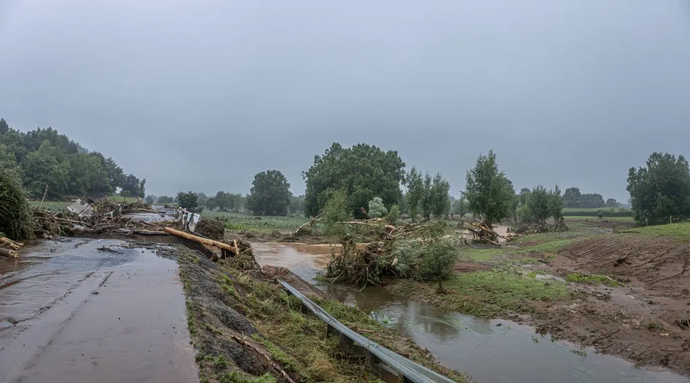 Trees lie amid the floodwaters after heavy rain and wild winds in Puketotara, Waikato region, New Zealand, February 14, 2026, in this picture obtained from social media. Wayne Feisst/via REUTERS