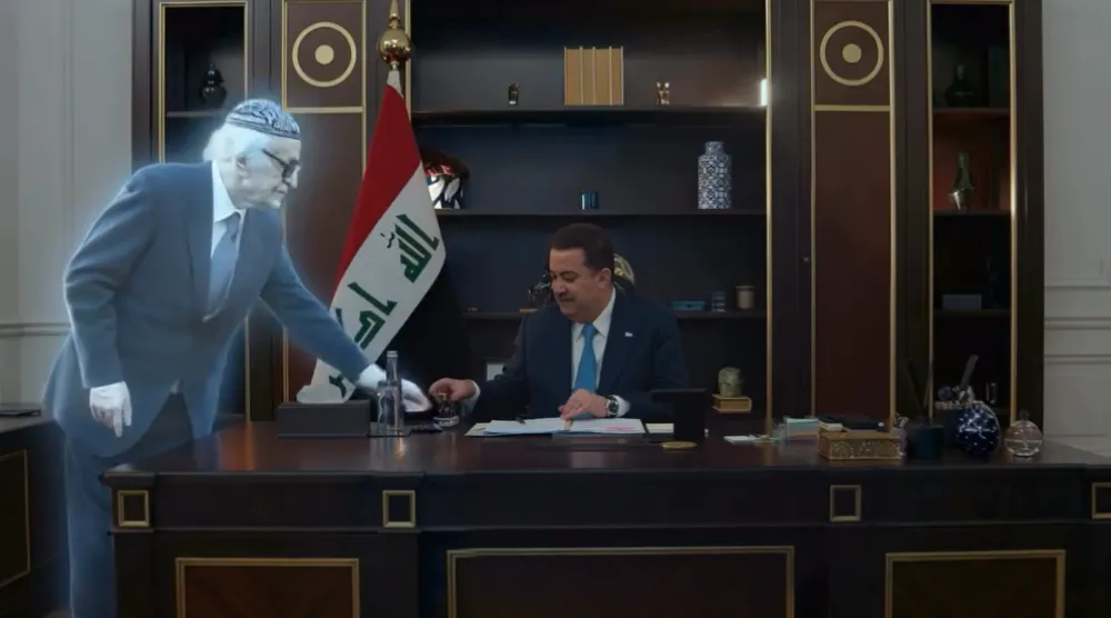 الشاعر العراقي الراحل محمد مهدي الجواهري يقدم الشاي لرئيس الحكومة محمد شياع السوداني وفقاً لمنظور إعلان رمضاني