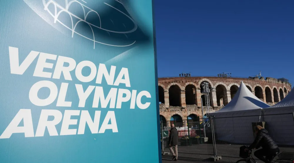 A view of the Arena ahead of the closing ceremony at the 2026 Winter Olympics, in Verona, Italy, Tuesday, Feb. 17, 2026. (AP Photo/Antonio Calanni)