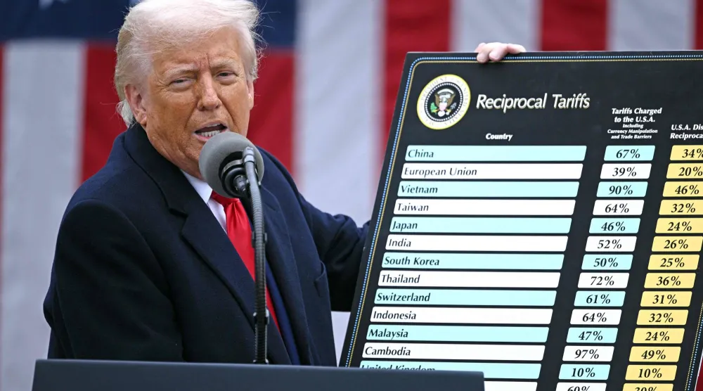 ترمب يستعرض لائحة الرسوم الجمركية التي أعلن فرضها على غالبية دول العالم في أبريل 2025 (أ.ف.ب)