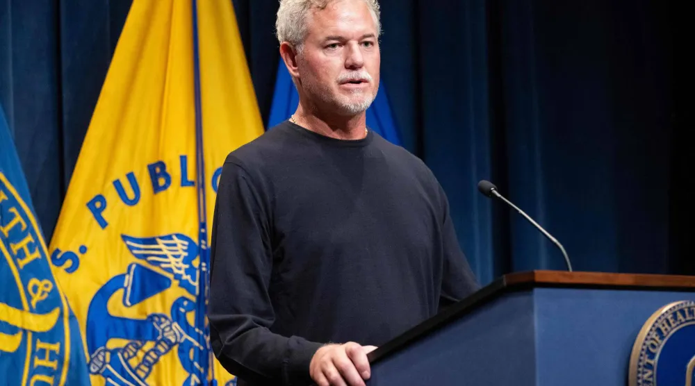 US actor Eric Dane speaks about his ALS diagnosis during a news conference to discuss health insurance at the Department of Health and Human Services Headquarters in Washington, DC, on June 23, 2025. (AFP)
