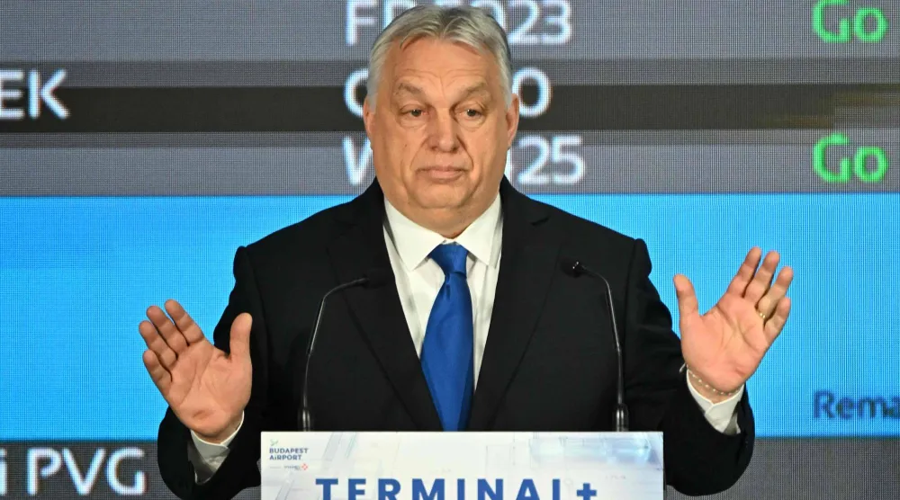  رئيس الوزراء المجري فيكتور أوربان خلال خطاب في بودابست (أ.ف.ب)