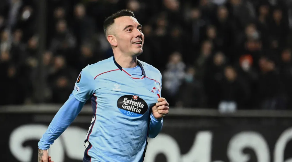 ياغو أسباس يحتفل بثنائيته في مرمى مايوركا (أ.ب) 