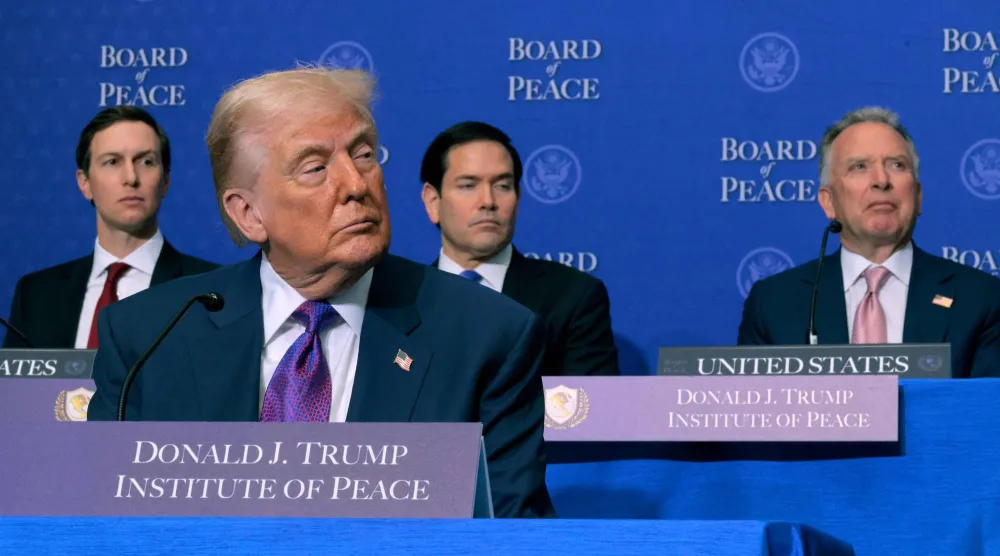 Jared Kushner, US President Donald Trump, US Secretary of State Marco Rubio, and Special Envoy to the Middle East Steve Witkoff attend the inaugural meeting of the Board of Peace at the Donald J. Trump Institute of Peace on February 19, 2026 in Washington, DC. (Getty Images/AFP) 