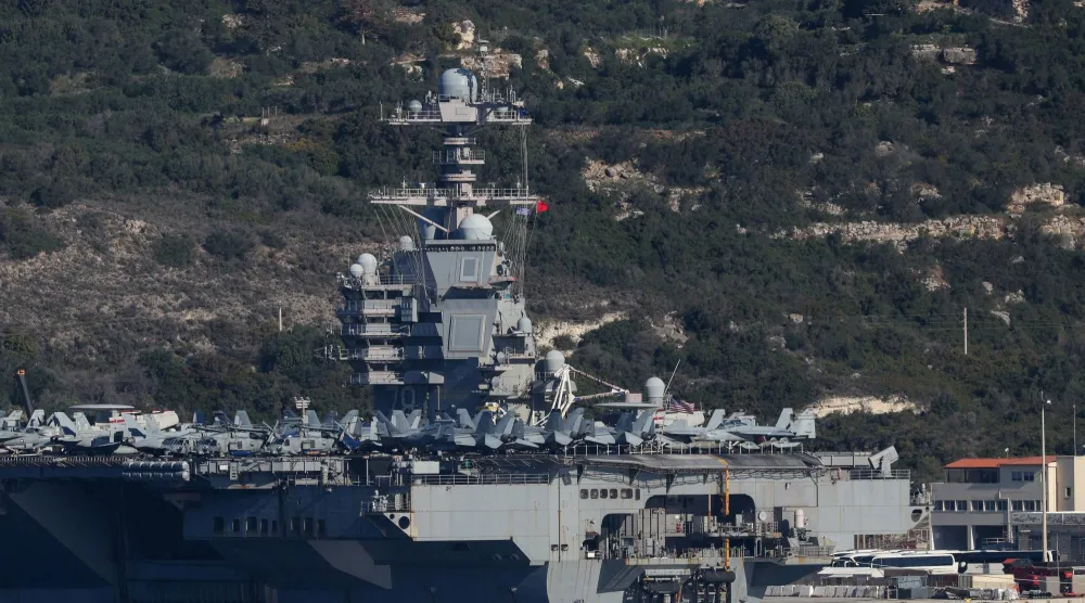 Aircraft are on the deck of the USS Gerald R. Ford aircraft carrier at Souda Bay on the island of Crete, Greece, February 24, 2026. (Reuters) 