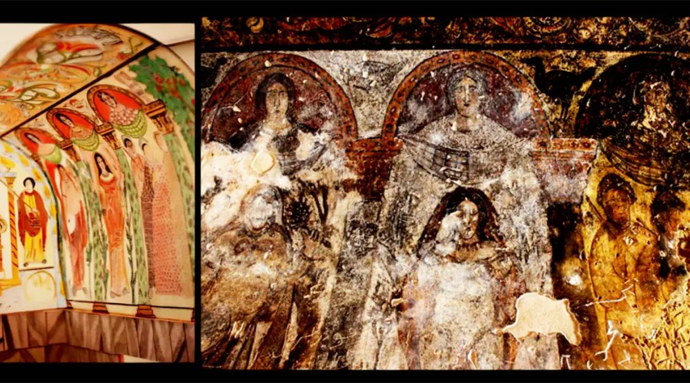 تفصيل من جدارية تزي_ن ركن العرش في قصير عمرة مع رسم توثيقي حديث لهذه الجدارية