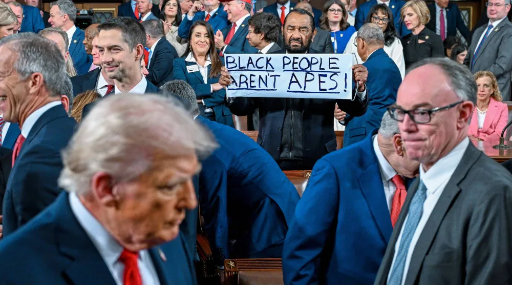 غرين رافعا لافتة بيضاء كُتب عليها «السود ليسوا قرودا» (أ.ب)