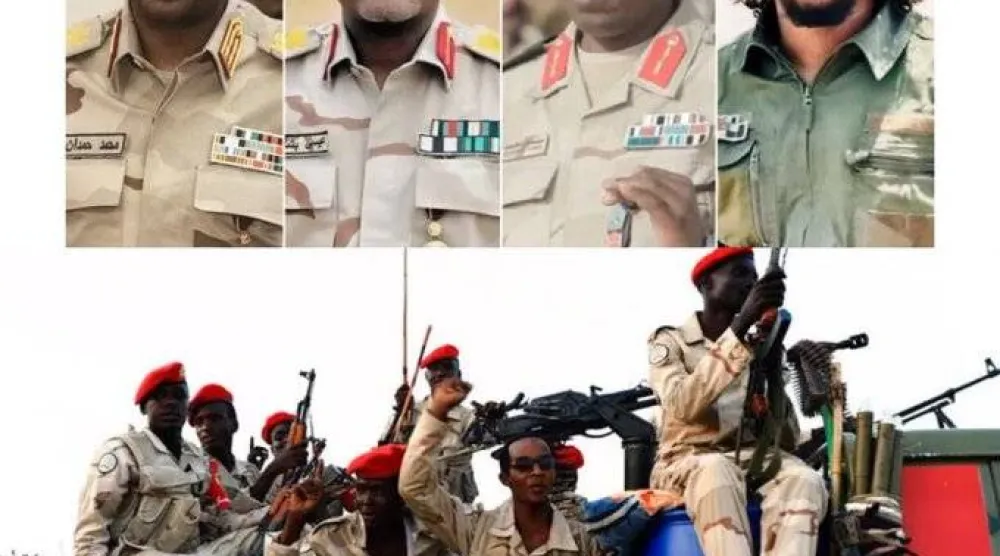  صورة مركّبة تظهر ثلاثة من الذين شملتهم العقوبات... ومعهم «حميدتي» الأول على يسار الصورة إضافة إلى مجموعة مقاتلين من «الدعم السريع» (إكس)