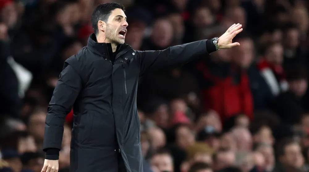 Arsenal manager Mikel Arteta gestures during the English Premier League match between Arsenal FC and Chelsea FC in London, Britain, 01 March 2026. (EPA)