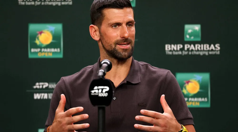 INDIAN WELLS, CALIFORNIA - MARCH 04: Novak Djokovic of Serbia fields questions form the media during Day 1 of the BNP Paribas Open at the Indian Wells Tennis Garden on March 04, 2026 in Indian Wells, California.   Matthew Stockman/Getty Images/AFP 