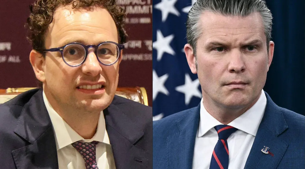 صورة مركبة لوزير الدفاع الأميركي بيت هيغسيث ومدير شركة «أنثروبيك» داريو أمودي (أ.ف.ب)