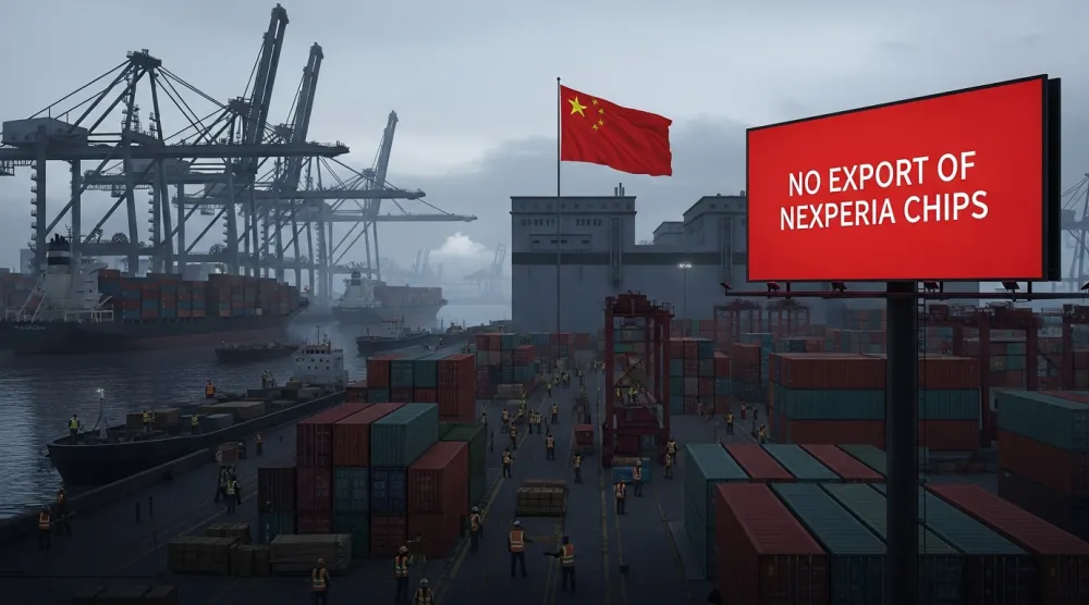 لوحة مكتوب عليها: لا تصدير لرقائق «نيكسبريا» في ميناء صيني (إكس)