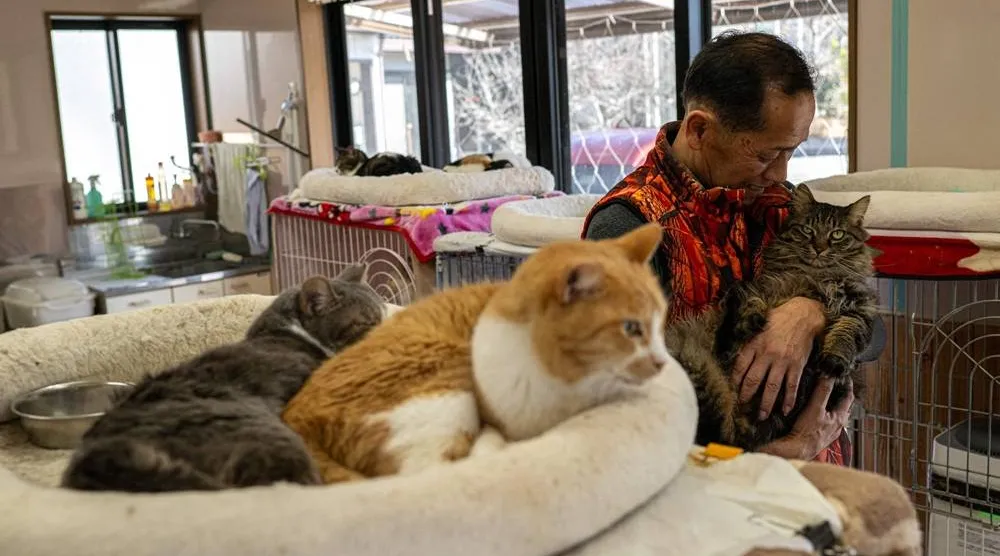This picture taken on March 5, 2026 shows former nuclear plant worker Toru Akama playing with a cat during an interview with AFP at his animal shelter in Namie, Fukushima prefecture. (AFP)