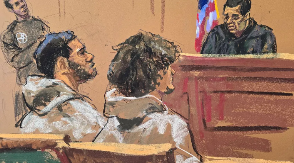 رسم لإبراهيم كيومي وأمير بالات خلال جلسة المحكمة في نيويورك (رويترز)