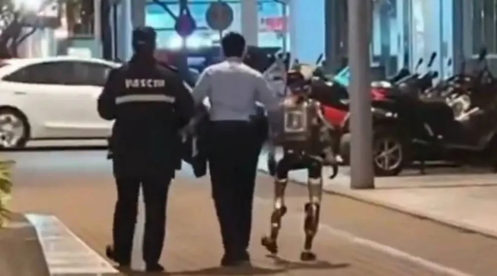 صورة مثبتة من مقطع فيديو للشرطة الصينية وهي «تعتقل» الروبوت