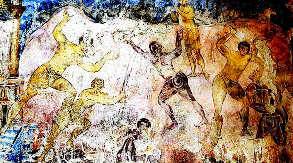 مصارعة جماعية في لوحة من جداريات قصير عمرة الأموي في بيداء الأردن