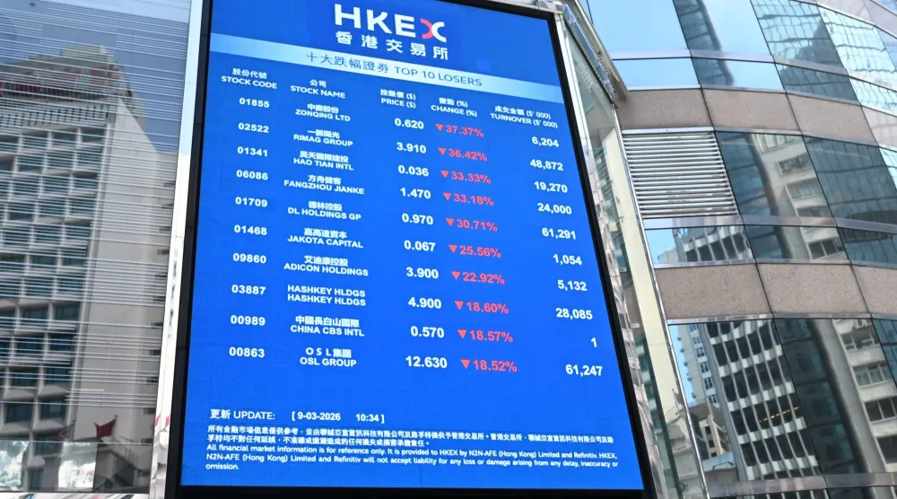 شاشة إلكترونية عملاقة تعرض حركة الأسهم خارج المقر الرئيسي لبورصة هونغ كونغ الصينية (أ.ف.ب)